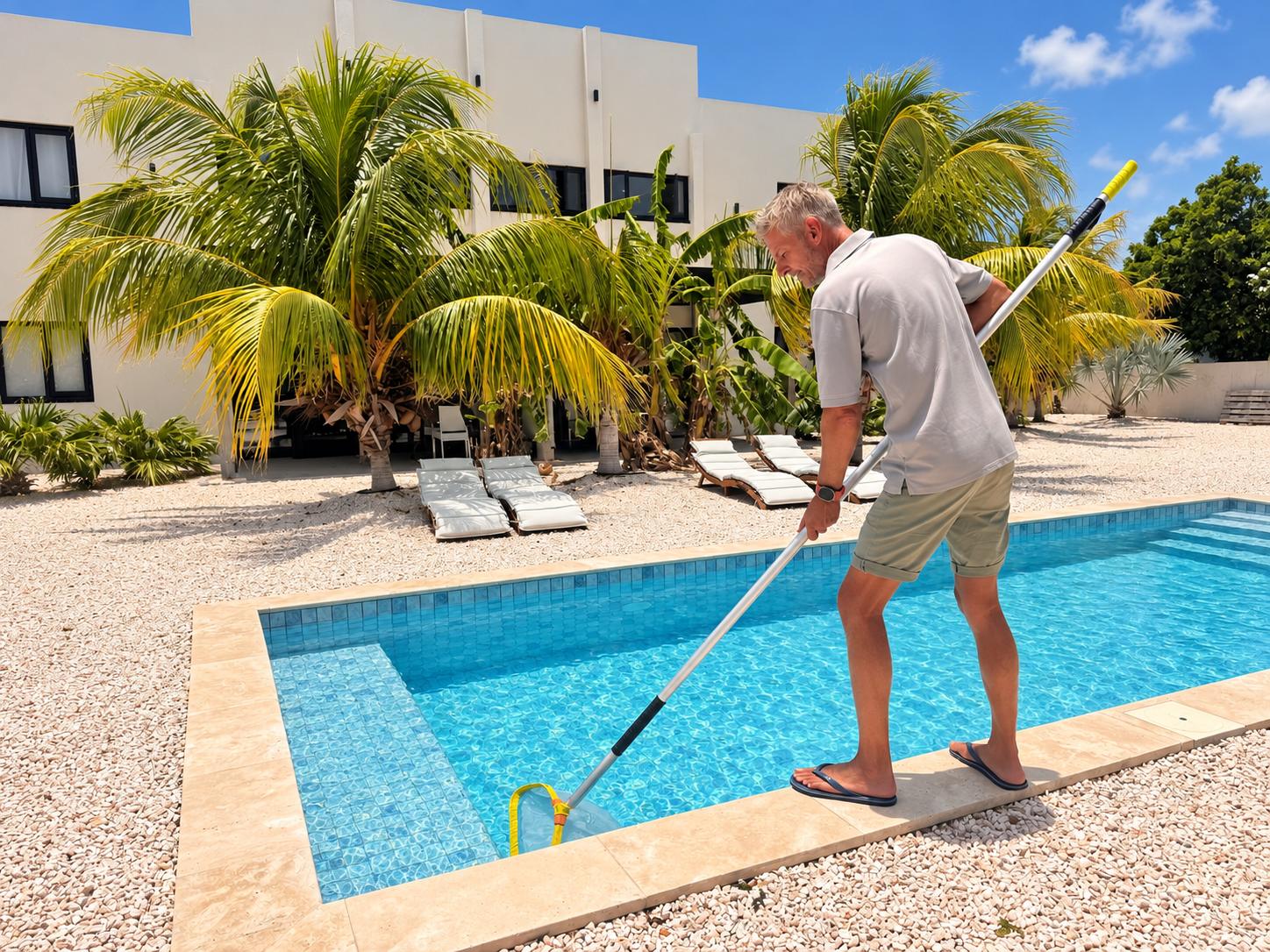 Jeroen Woolthuis van Link Poolcare schept met een schepnet bladeren uit een zwembad op Bonaire